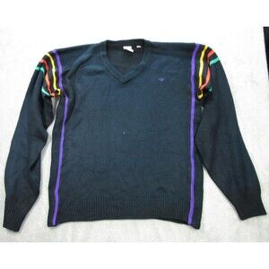 Vtg OP SWEATER Weather Wear Sz. Medium Striped Navy Blue Pullover V-neck